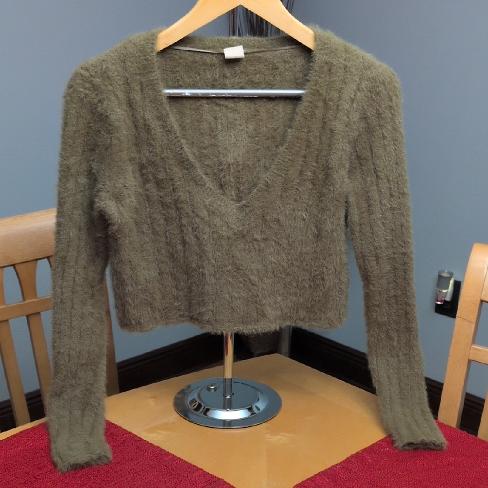 Urban Outfitters Martini Fuzzy Eyelash Olive V-Neck Cropped Sweater